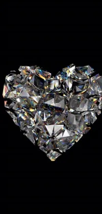 This live phone wallpaper showcases a heart-shaped diamond in crystal cubism style on a black background