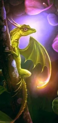 This phone live wallpaper features a realistic painting of a green dragon sitting on a tree branch in a misty forest