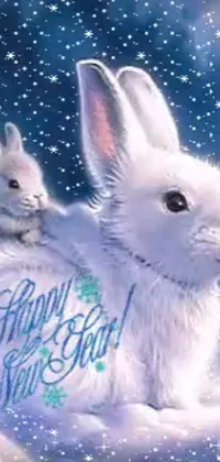 This adorable live wallpaper features cute rabbits sitting on a snowy ground, perfect for your phone's background