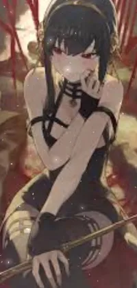 This phone live wallpaper showcases a gothic-inspired anime girl wholly absorbed in her cell phone