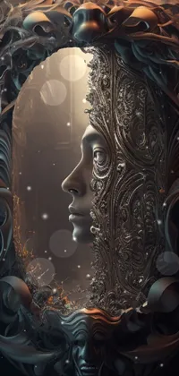 This phone live wallpaper features a mesmerizing mirror with a digital art rendering of a woman's face
