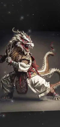Get a stunning phone live wallpaper featuring a man in a dragon costume holding a sword