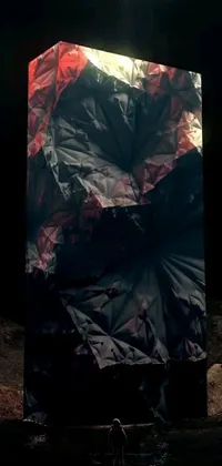 This phone live wallpaper features a striking piece of art, cut into the side of a mountain, with black and red silk clothing accentuating its beauty