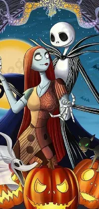Looking for a spooky and whimsical live wallpaper for your phone? This high-detailed cartoon style wallpaper features a gothic art scene with Jack and Sally from a popular Disney movie standing next to intricately carved pumpkins