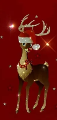 This phone live wallpaper showcases a stunning digital rendering of a reindeer against a red backdrop, complete with twinkling stars