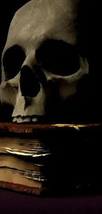 This phone live wallpaper showcases a skull atop a collection of books, with half the face submerged in water