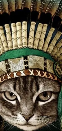 This phone wallpaper boasts a striking image of a cat donning a traditional Indian headdress