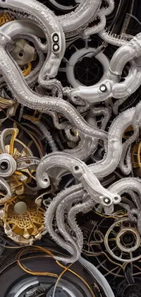 This phone live wallpaper features a pile of silver and gold gears arranged on top of each other, creating a surreal, steampunk-inspired display
