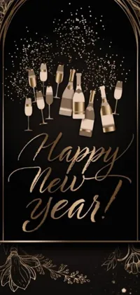 This live phone wallpaper features a sleek black and gold New Year card adorned with champagne glasses