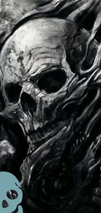 This mobile live wallpaper showcases a gothic-inspired skull design with flames, created in detailed monochromatic airbrush painting