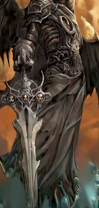 This phone live wallpaper showcases a captivating image of an angel standing tall on a heap of skulls