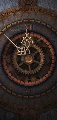 Enhance your digital device by downloading this Steampunk-inspired live wallpaper featuring a close-up of a clock on a wall