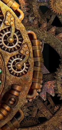 This live phone wallpaper features a clock surrounded by gears and inspired by kinetic art and steampunk vibes