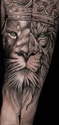 Get an ultra-realistic and impressive hyperrealism wallpaper for your phone with a detailed tattoo of a crowned lion