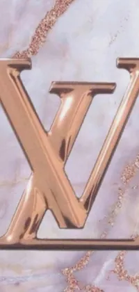 This live wallpaper portrays the iconic Louis Vuitton logo against a marble background in copper, with a maximalist vaporwave twist and hints of Baroque styling