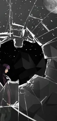 This dynamic phone live wallpaper features an anime-style character standing in front of a shattered window that provides a view into outer space
