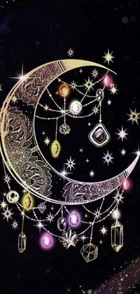 This live wallpaper depicts a digital rendering of a crescent moon and stars in a maximalist style
