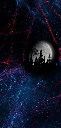 This phone live wallpaper features a digital artwork of a full moon in the night sky, surrounded by red webs and fungus