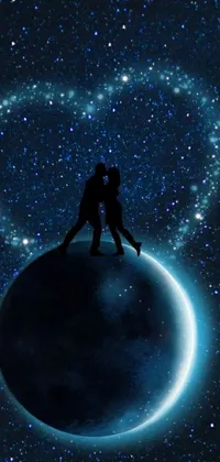 This stunning live wallpaper features a romantic sci-fi-inspired scene with a man and a woman standing on a planet, surrounded by a dreamy sky filled with stars and moons