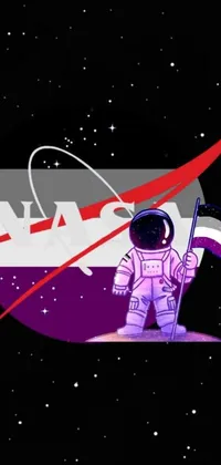 This live phone wallpaper features a space-suited figure waving a flag against a purplish space background