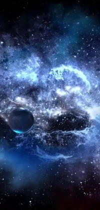 This live wallpaper features a stunning digital art representation of a black hole at the center of a galaxy, with floating dark blue spheres swirling around a nebula and a planet of suffering in the background