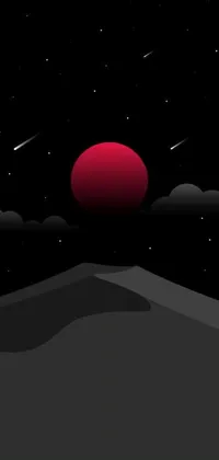Get ready for a dark and alluring live wallpaper for your phone! This minimalist digital art features a red moon in the sky, standing out against a black desert and distant volcano in the minimalist cartoon style