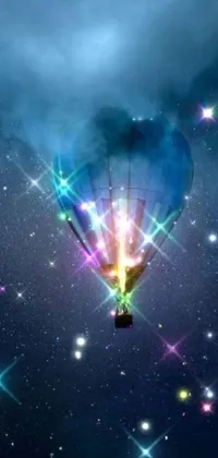 This phone live wallpaper displays a digital art of a hot air balloon flying through a starry night sky