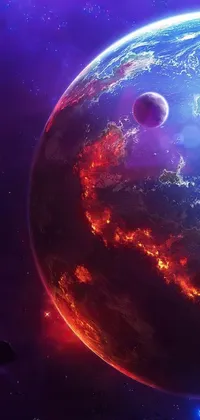 Transform your phone's lock screen or home screen with this stunning live wallpaper featuring a digitally rendered planet floating amidst a fiery red and purple nebula in outer space