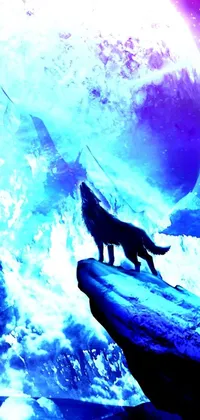 This phone live wallpaper depicts a stunning wolf standing on top of a snow covered mountain
