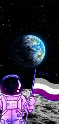 This live phone wallpaper is inspired by the moon landing and features a colorful image of an astronaut waving a flag