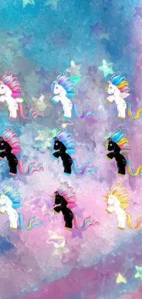 This adorable phone live wallpaper features a group of colorful unicorns standing together