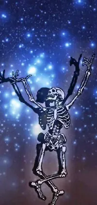 This lively phone live wallpaper depicts a colorful, cartoonish skeleton in a hologram-style, jumping towards the stars with arms stretched out