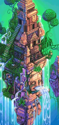 This live wallpaper features a stunning pixel art design, with a Mayan-inspired building and a cascading waterfall
