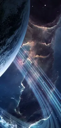 This space inspired live wallpaper features a planet with rings in the background, surrounded by surreal and ethereal space jellyfish