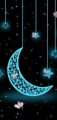 This stunning phone live wallpaper depicts a night sky with twinkling stars and a crescent moon in a digital art hurufiyya style in black and cyan colors