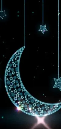 This trendy phone live wallpaper features a stunning crescent moon with stars hanging from it in mesmerizing digital art