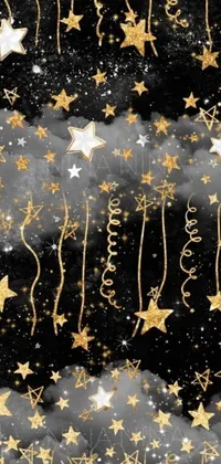 This live phone wallpaper features a luxurious black background decorated with glittery gold stars, intricate digital art by Anna Findlay, and whimsical fairy dust floating in the air