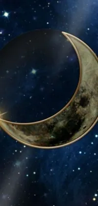 This phone live wallpaper displays a mesmerizing digital rendering of a crescent with a star in the backdrop