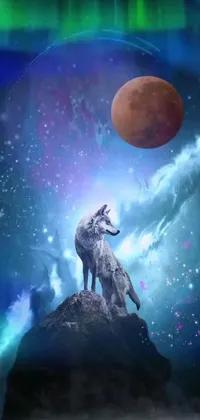 Check out this amazing phone live wallpaper featuring a powerful wolf standing on top of a mountain beside a red moon