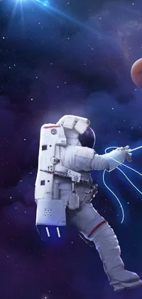 This captivating live wallpaper portrays an astronaut floating in outer space with colorful planets in the background, along with laser weapons and a futuristic spaceship