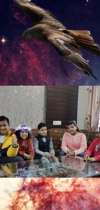 This captivating phone live wallpaper features a hyper-realistic painting of a group of people gathered around a table, set against a surreal galaxy-themed room with floating chairs