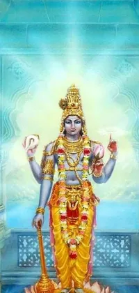 This Hindu god phone live wallpaper features a stunning painting of a divine god standing on a lotus