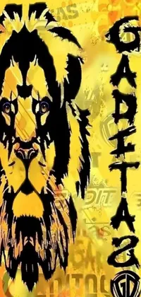 This phone live wallpaper showcases a stunning image of a lion with words overlaying it in a yellow and black color scheme