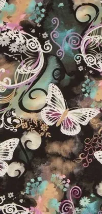 This live wallpaper showcases a repeated pattern of bats in flight, set against an art nouveau-inspired backdrop featuring sheer fabrics and swirling clouds in a spectrum of vibrant hues