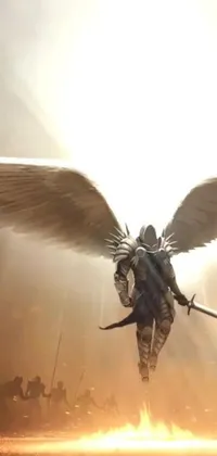 This phone live wallpaper features an awe-inspiring concept art of a biblical-accurate angel in flight