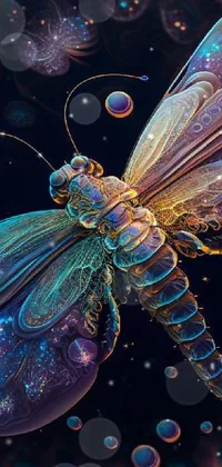 This phone live wallpaper showcases a mesmerizing painting of a dragonfly being encapsulated by bubbles