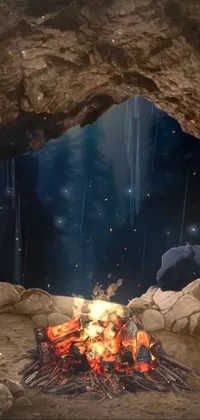 Looking for a live phone wallpaper that exudes coziness and intimacy? Look no further than this stunning cave campfire background