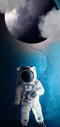 This space-themed live phone wallpaper showcases an astronaut floating in zero-gravity fashion with a whimsical balloon held between his fingers