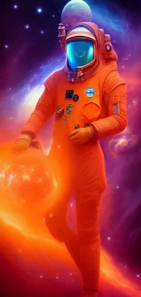 This phone live wallpaper features a vibrant orange space suit and frisbee