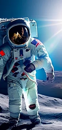 This phone live wallpaper features a stunning image of an astronaut walking on the moon with an American flag